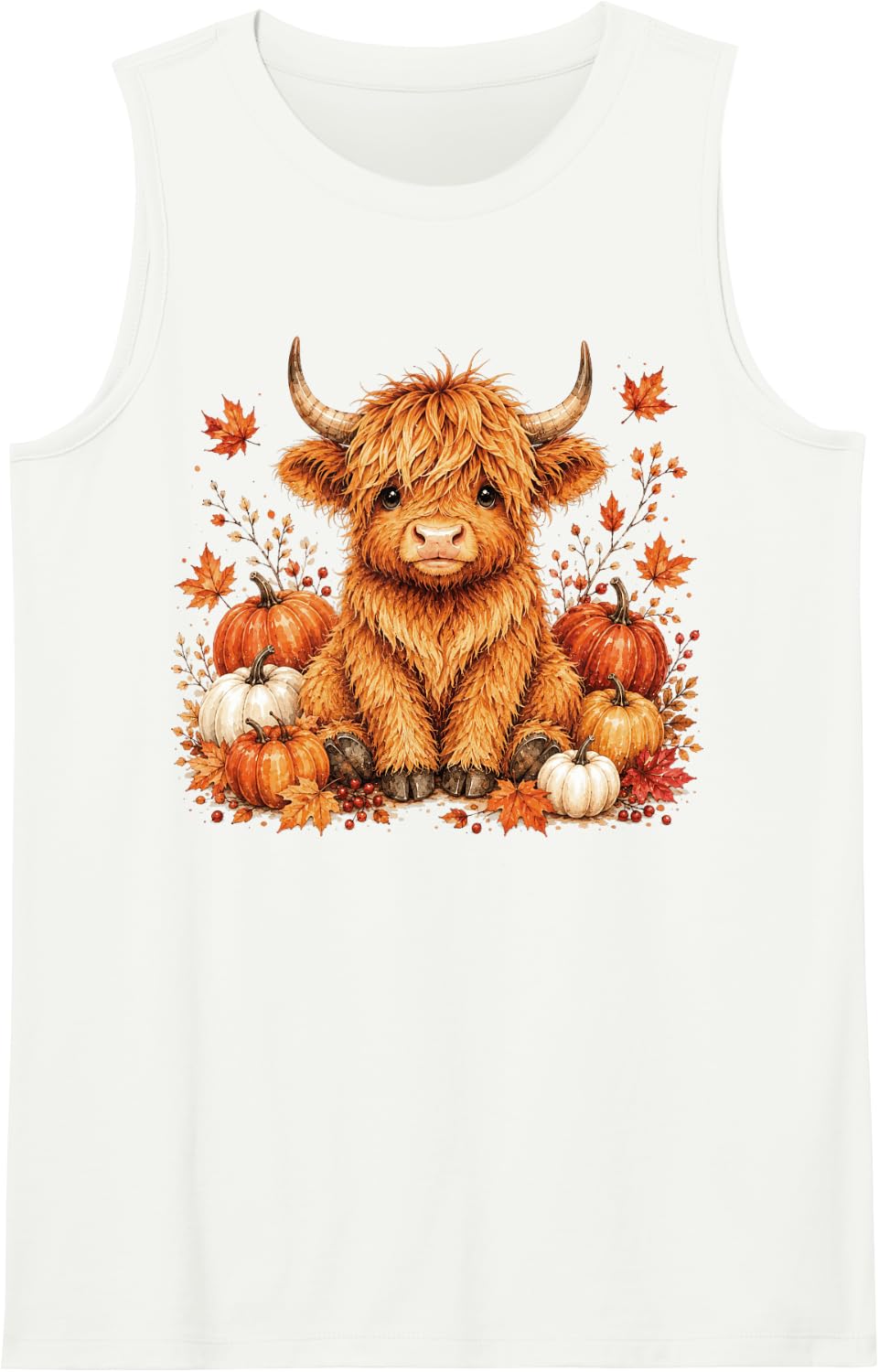 Cute Highland Cow Pumpkin Patch Autumn Farm Animal Sleeveless Tank Top - White