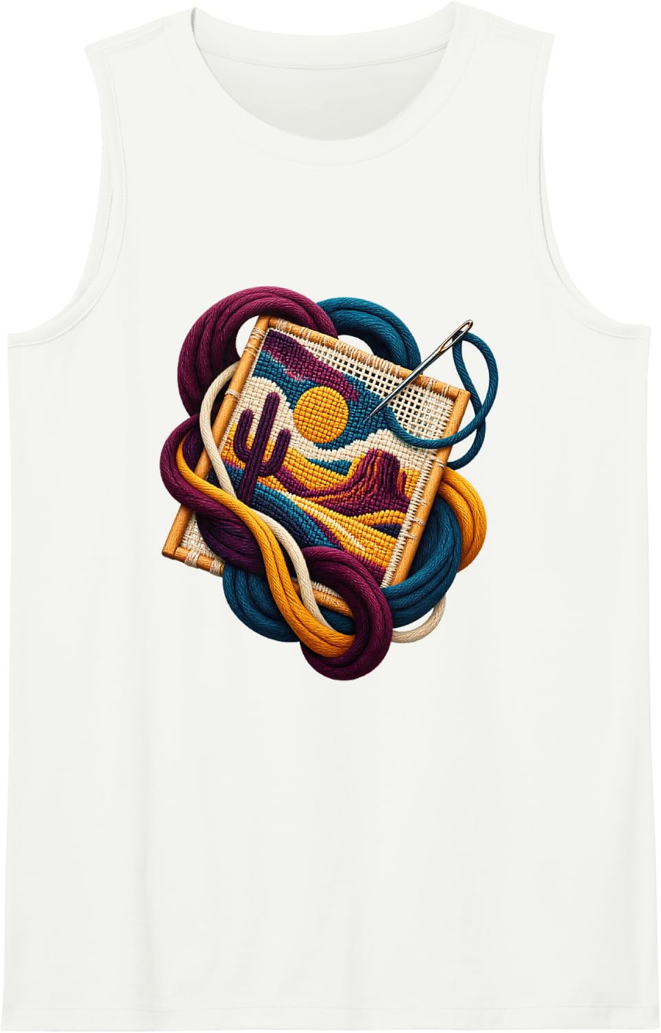 Detailed Desert Cactus Needlepoint with Winding Trail Sleeveless Tank Top - White