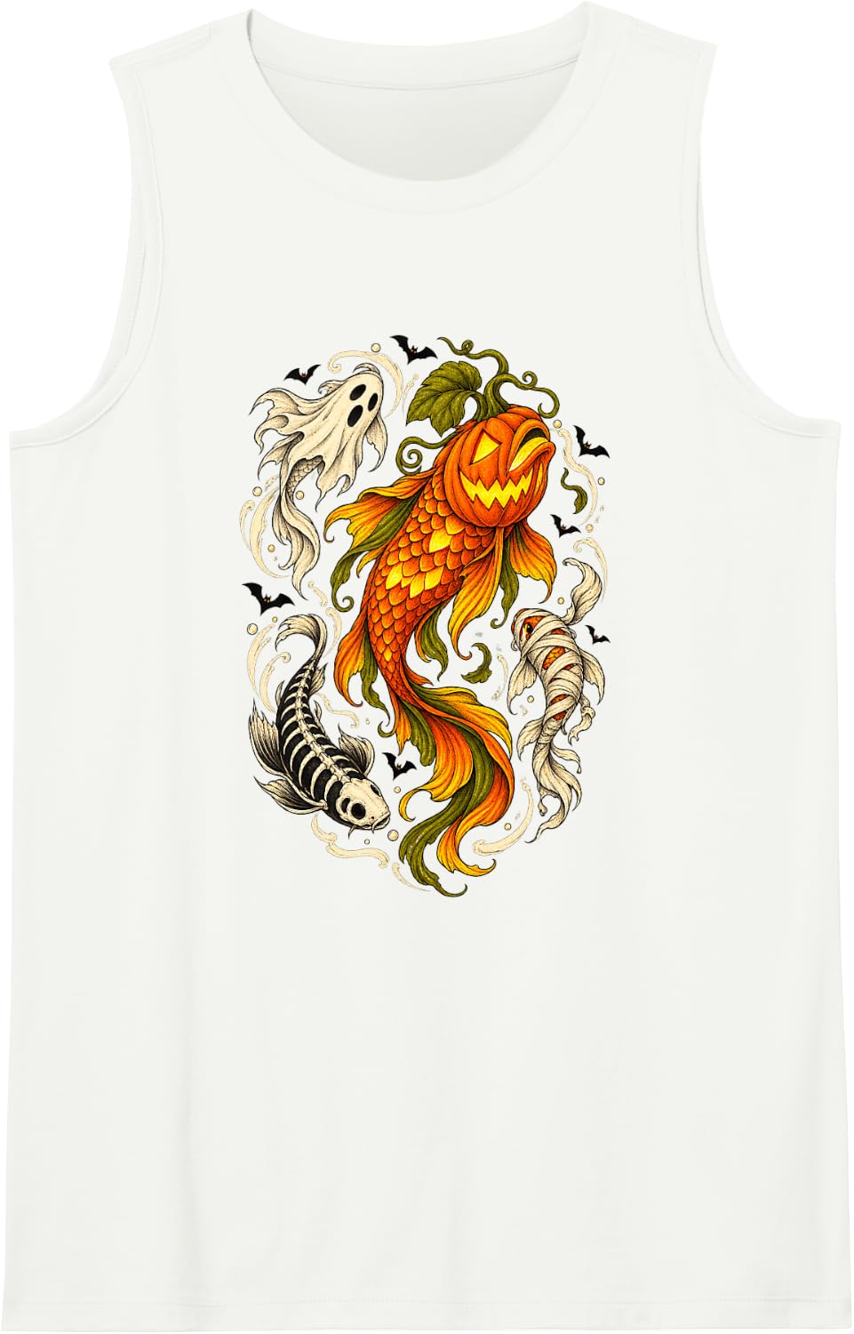 Halloween Pumpkin Koi Fish Ghost Mummy Bats Sleeveless Tank Top - White