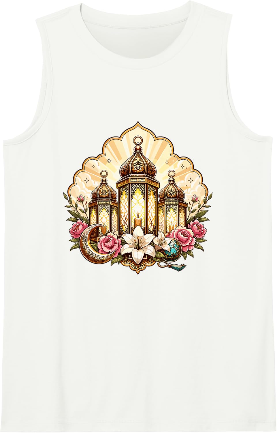 Ramadan Kareem Islamic Lantern Crescent Florals Tank Top - White