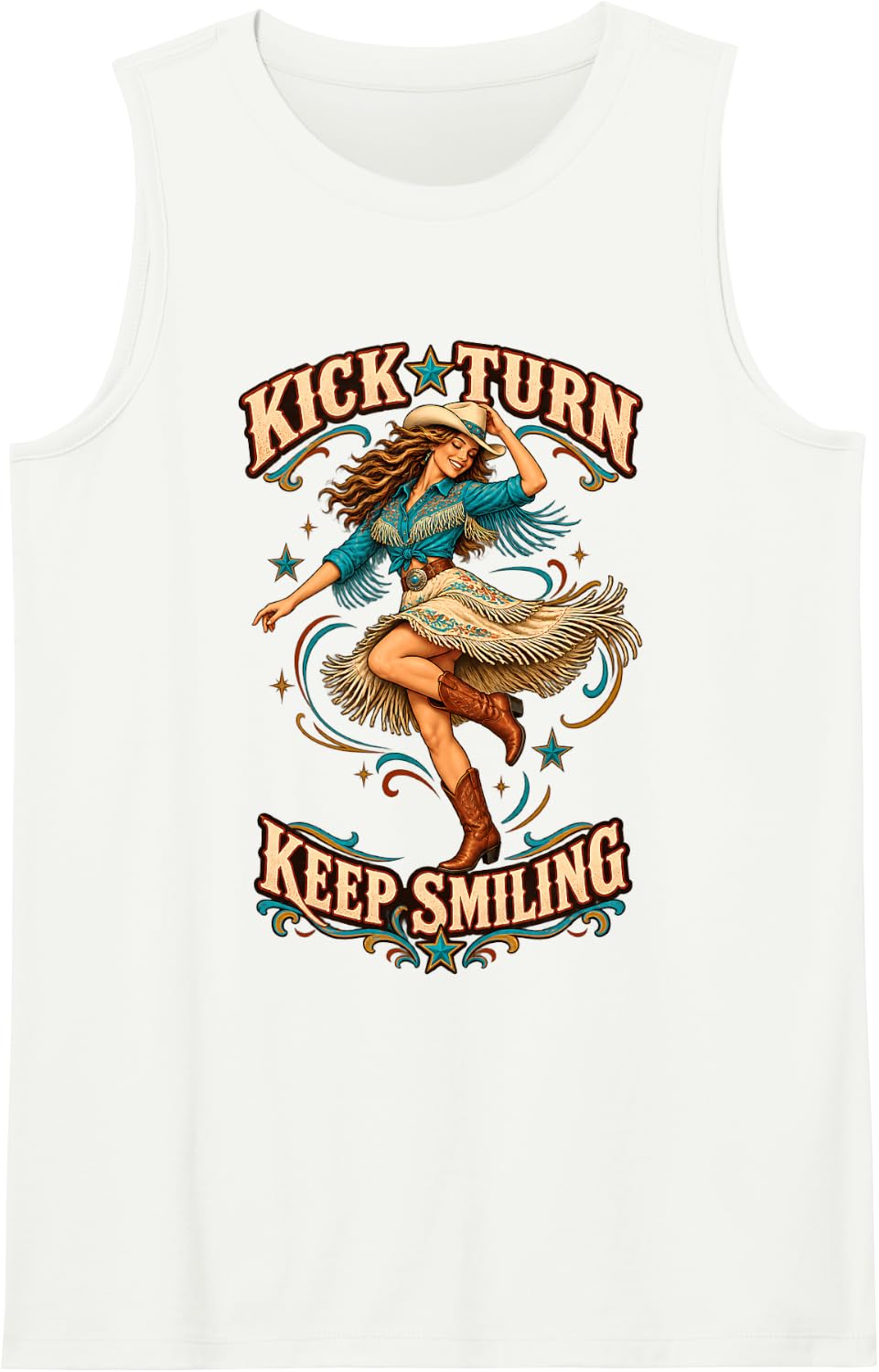 Kick Turn Keep Smiling Line Dance Cowgirl Boots Sleeveless Tank Top - White