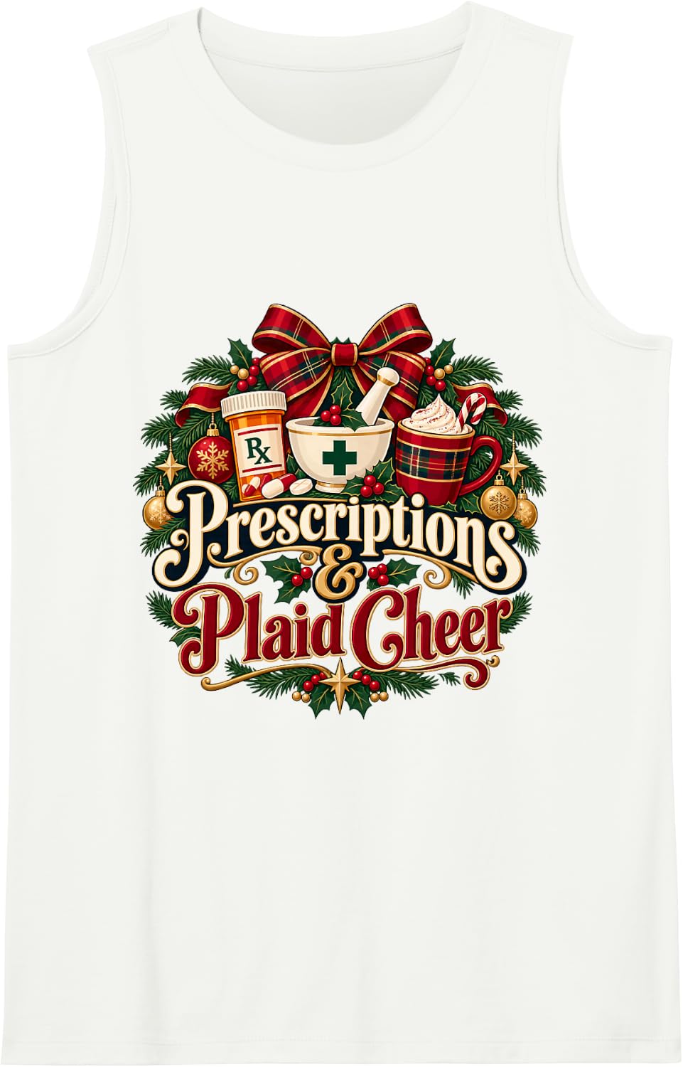 Christmas Pharmacist - Prescriptions & Plaid Cheer Sleeveless Tank Top - White