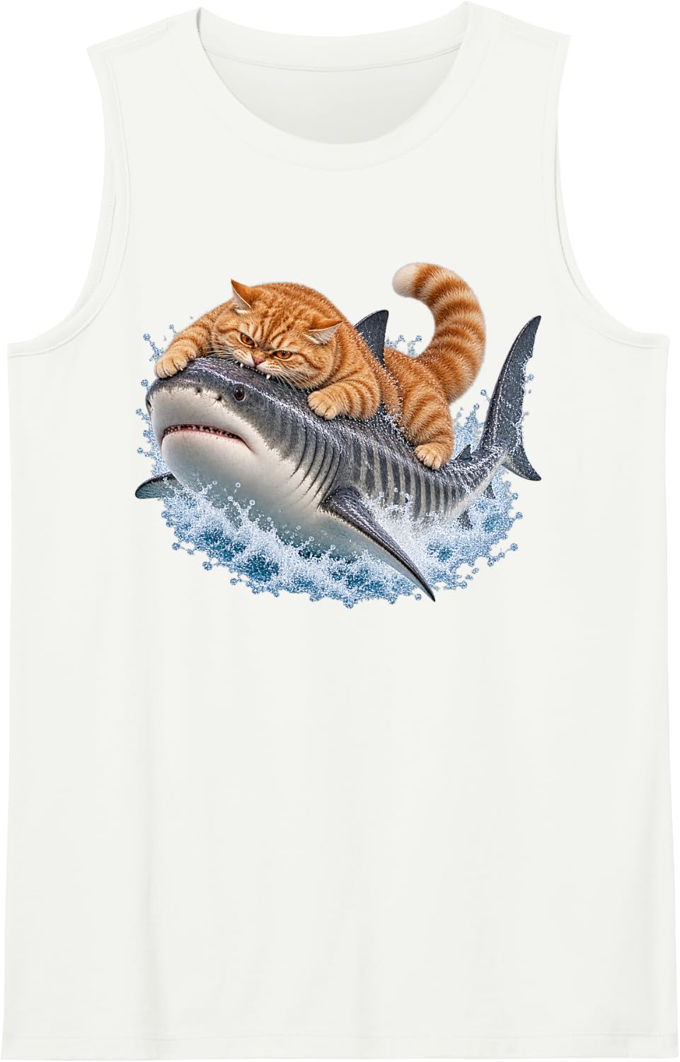 Ginger Cat Biting a Tiger Shark Sleeveless Tank Top - White