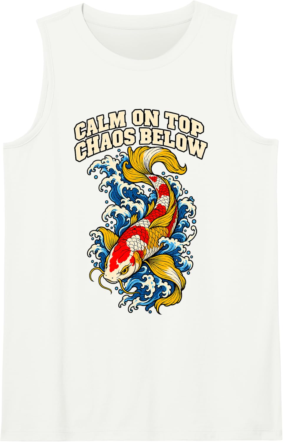 Koi Calm On Top Chaos Below Aquarist Pond Wave Fish Japanese Sleeveless Tank Top - White