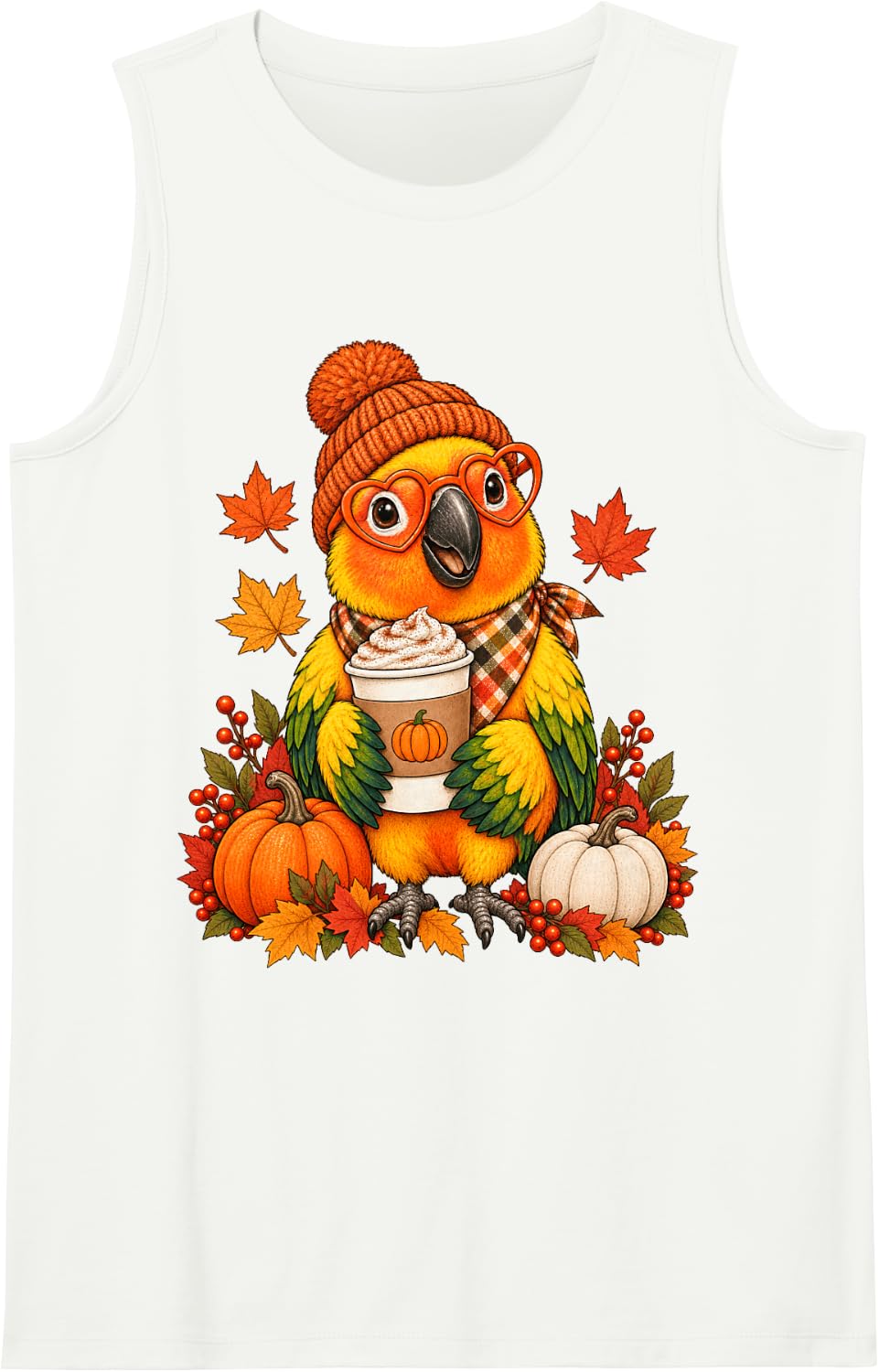 Sun Conure Fall Autumn Season Pumpkin Spice Parrot Sleeveless Tank Top - White