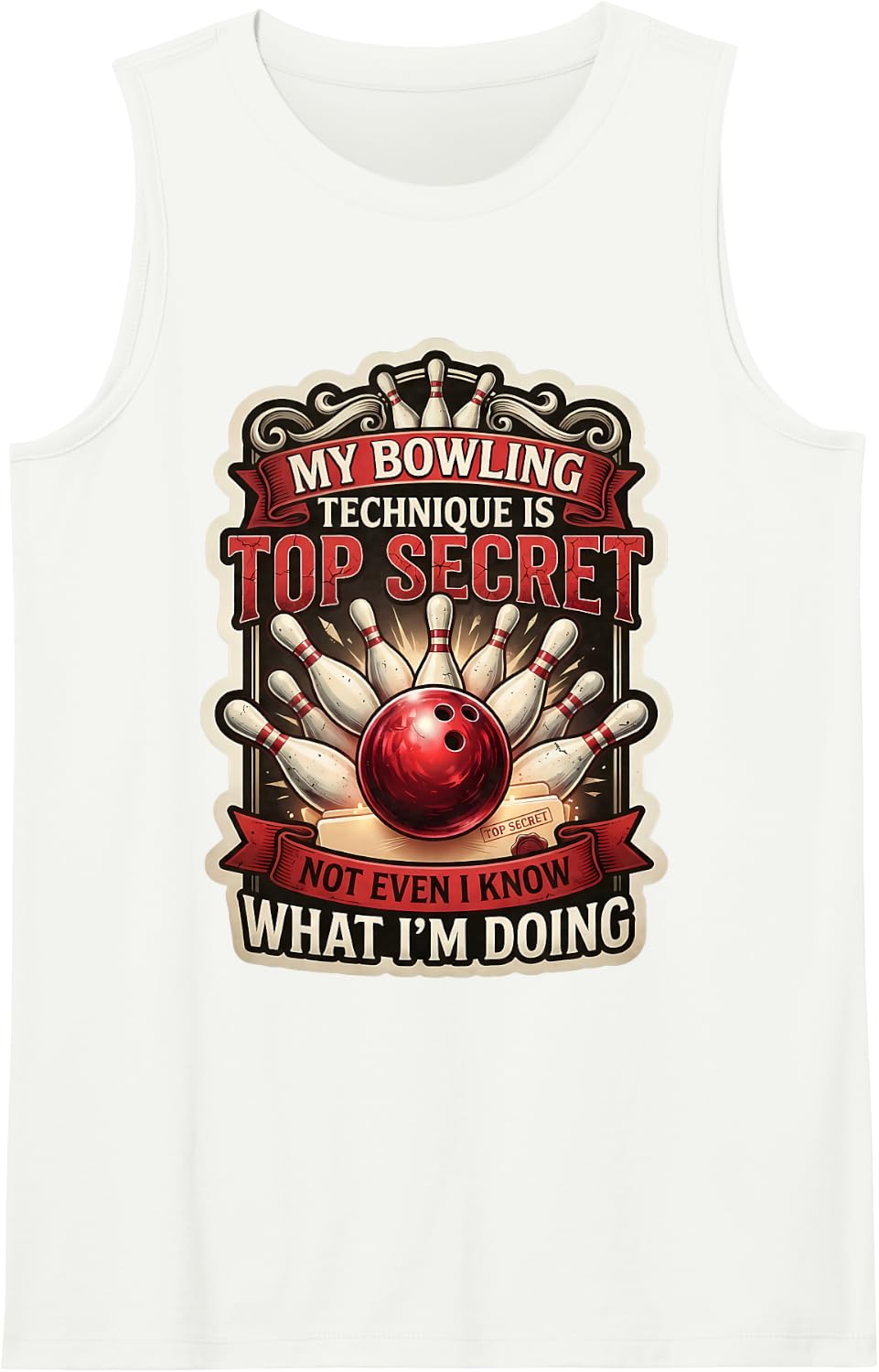 My Bowling Technique is Top Secret Funny Bowler Joke Quote Sleeveless Tank Top - White