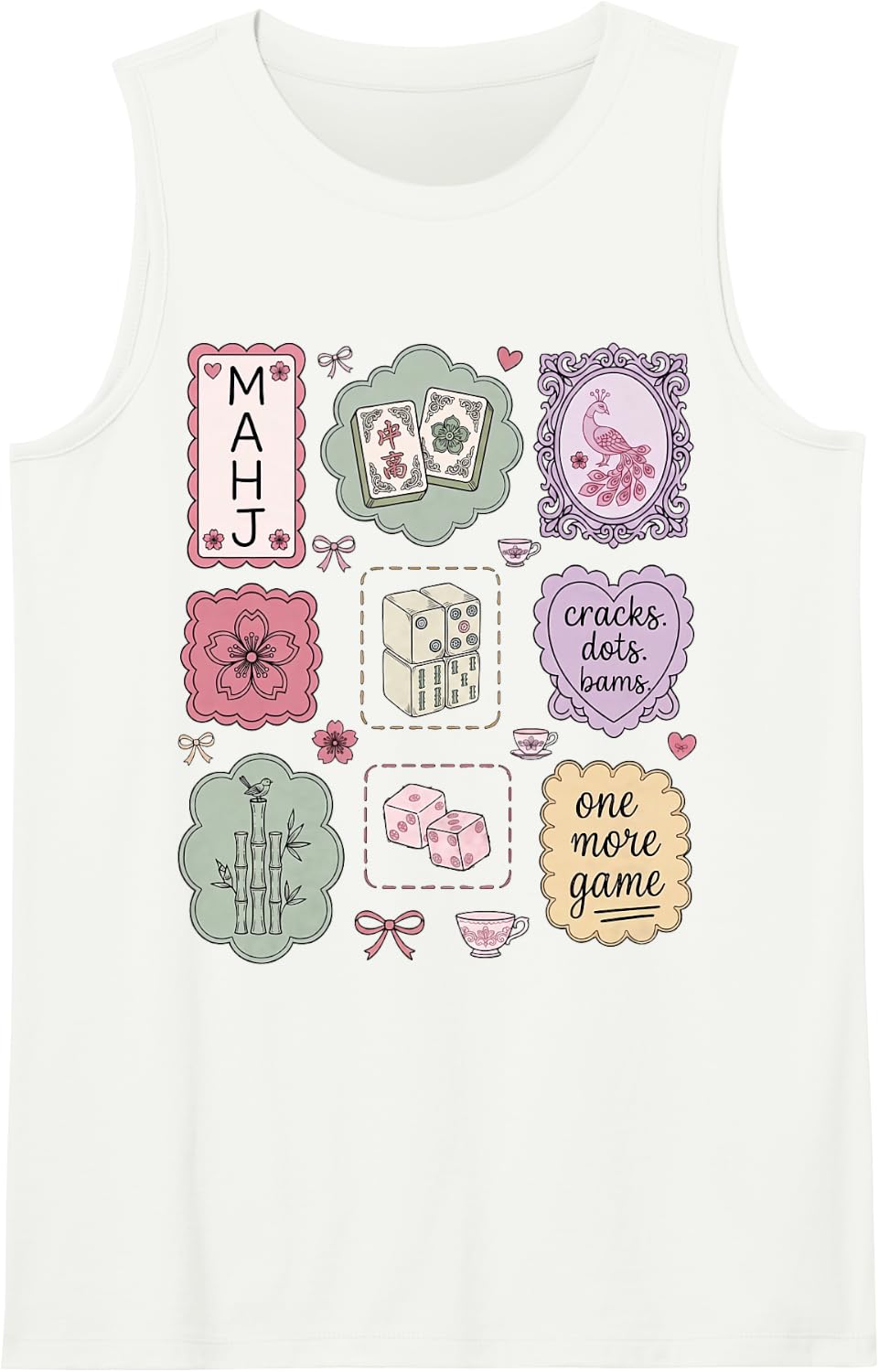 Mah Jongg Lover Dice Chinese Game Floral Flower Mahjong Sleeveless Tank Top - White
