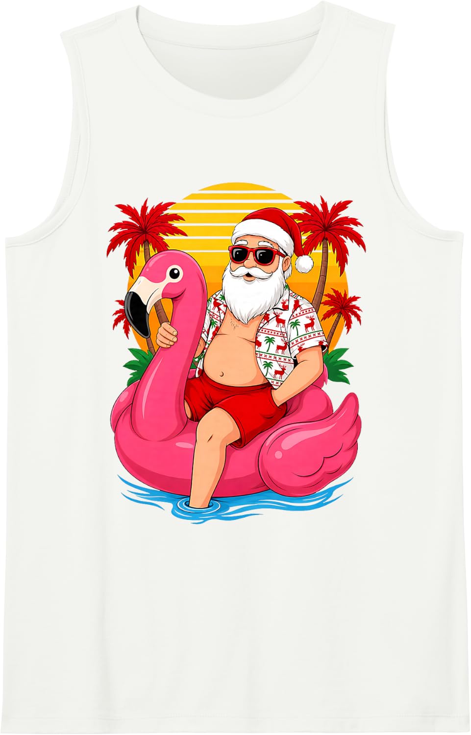 Santa Flamingo Tropical Christmas Holiday Sunset Sleeveless Tank Top - White