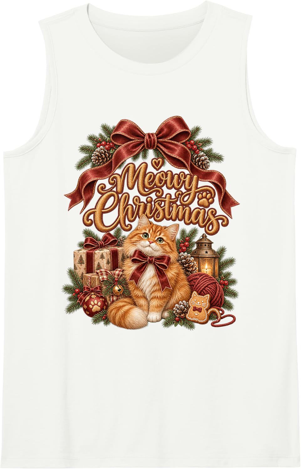 Christmas Gingerbread Orange Cat Cozy Bow Winter Kitty Cheer Sleeveless Tank Top - White