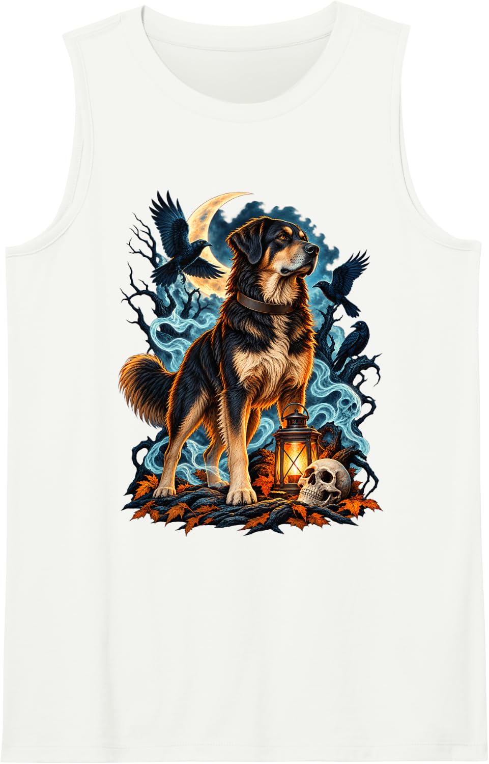 Spooky Dog Halloween Skull Lantern Crow Moon Horror Sleeveless Tank Top - White