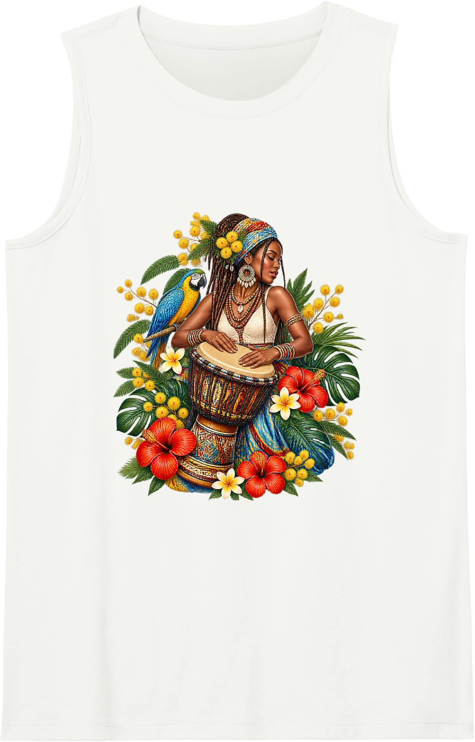 African Woman Playing Djembe with Parrot and Hibiscus Tank Top - White