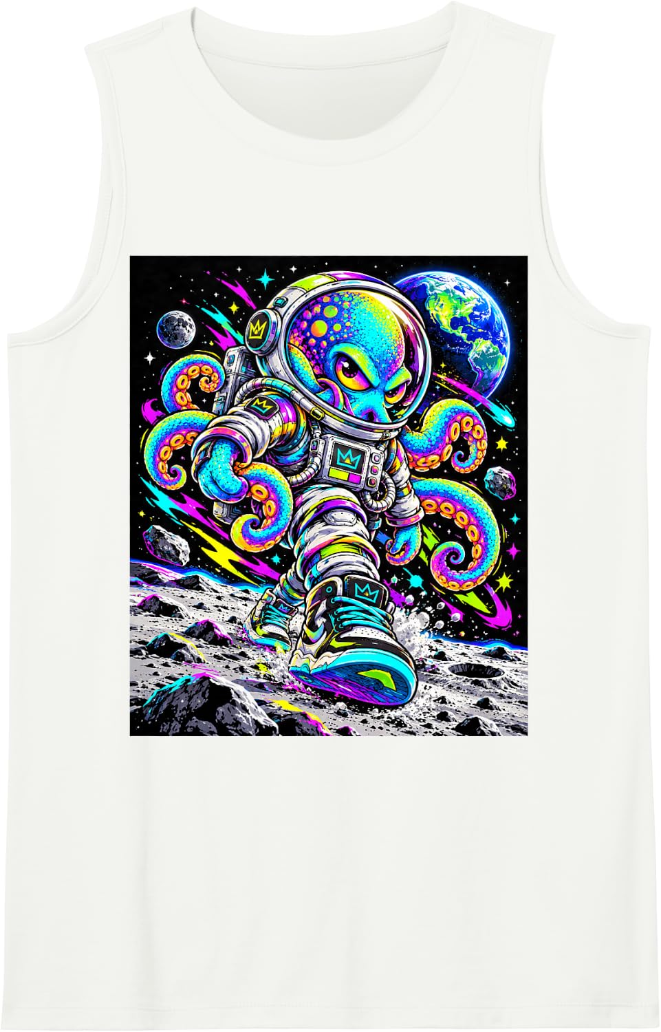 Astronaut Octopus Space Explorer Colorful Space Art Sleeveless Tank Top - White