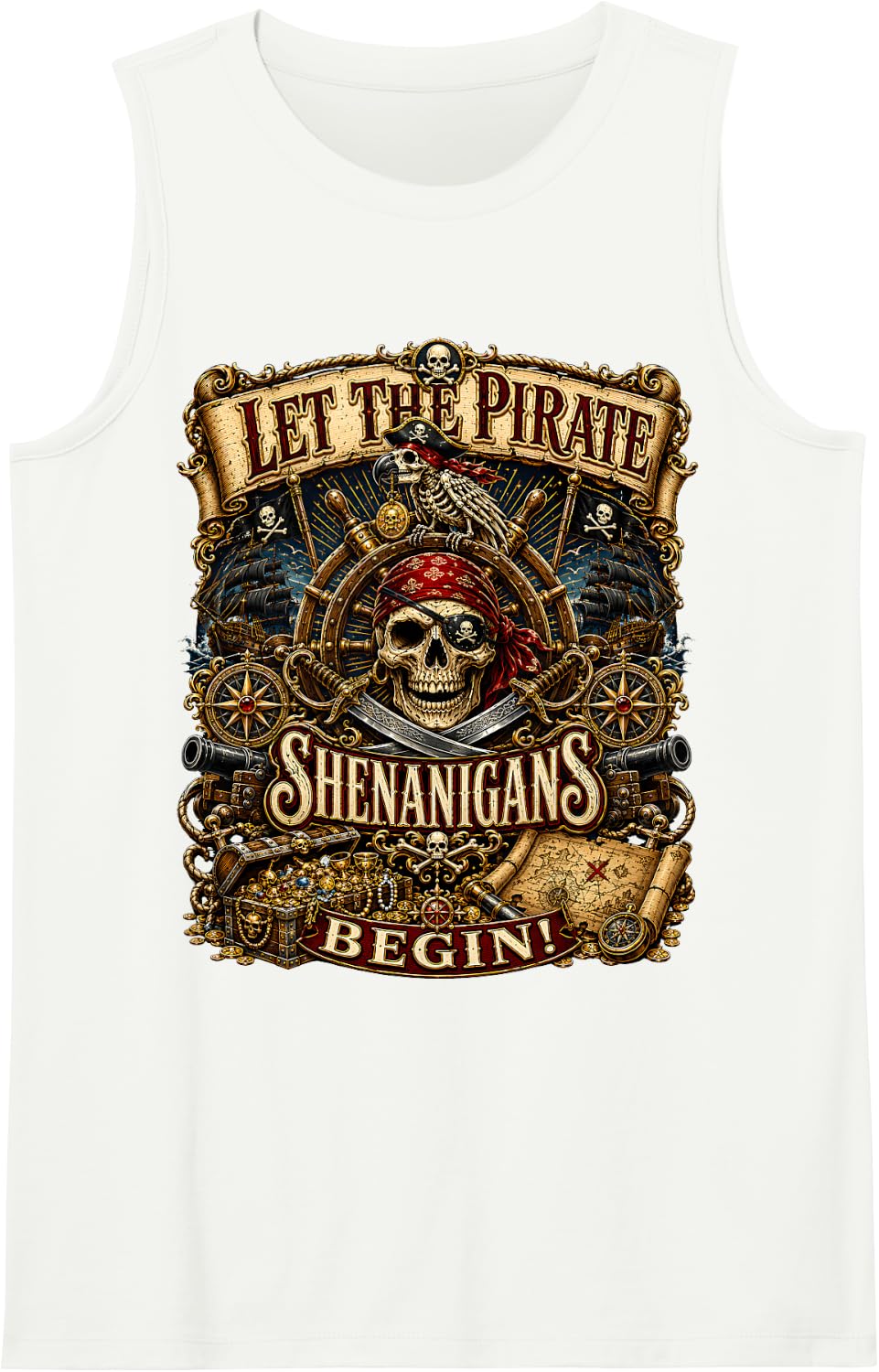 Let The Pirate Shenanigans Begin Halloween Skeleton Pirate Sleeveless Tank Top - White