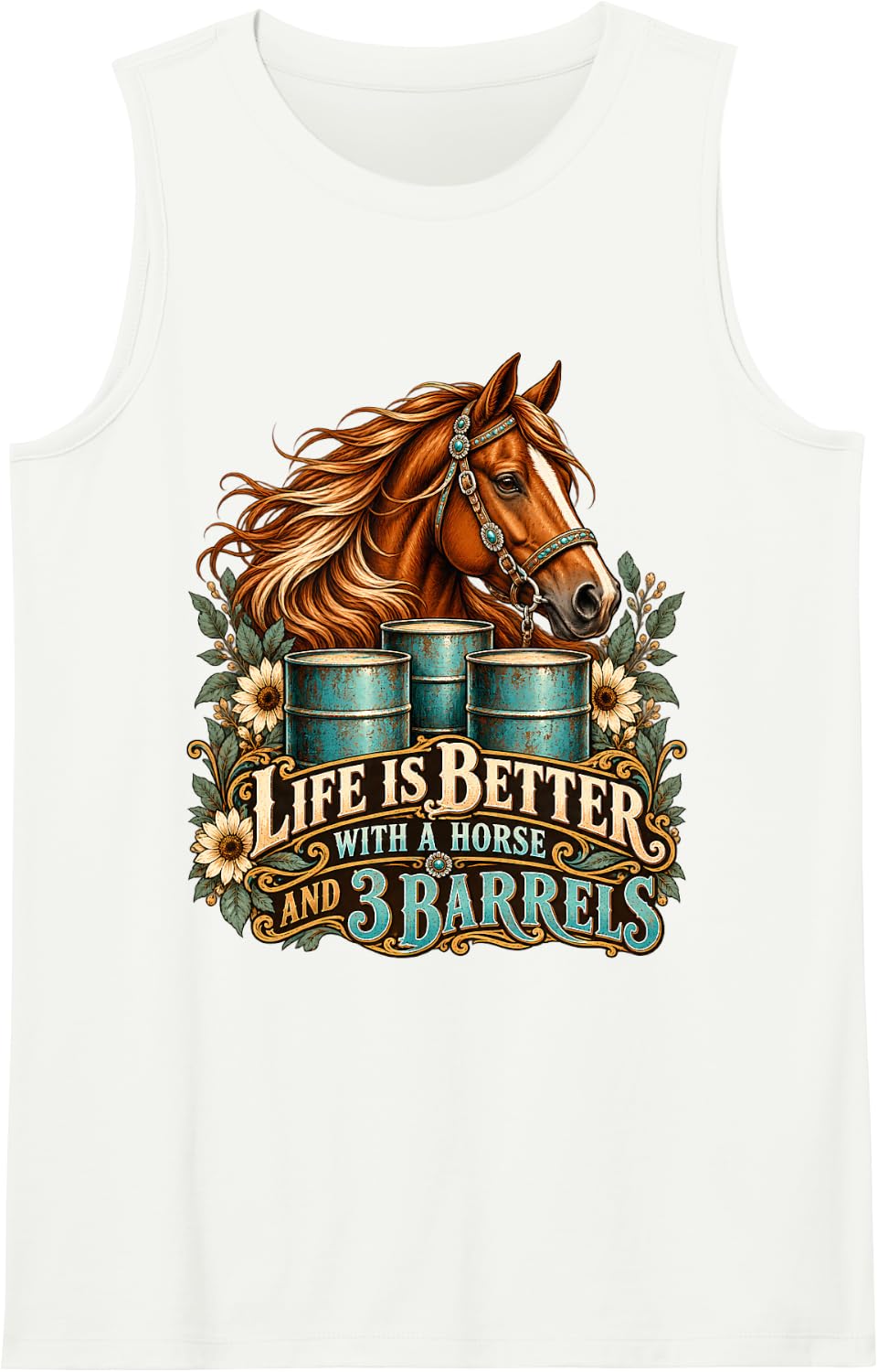 Life is Better with A Horse and 3 Barrels Barrel Racing Sleeveless Tank Top - White