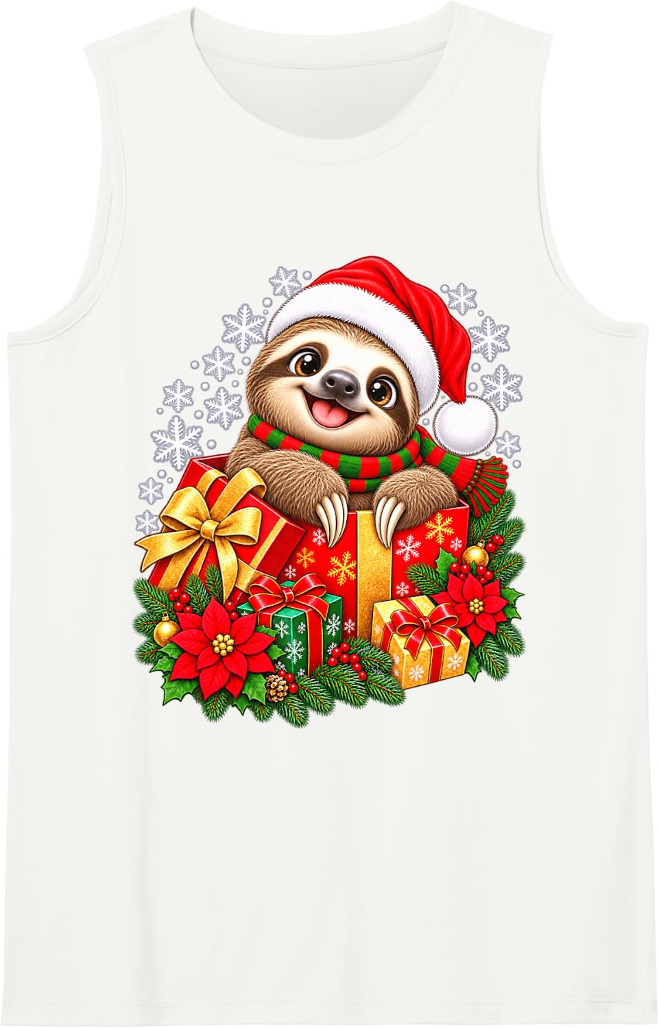 Cute Christmas Sloth Santa Hat Winter Holiday Sleeveless Tank Top - White