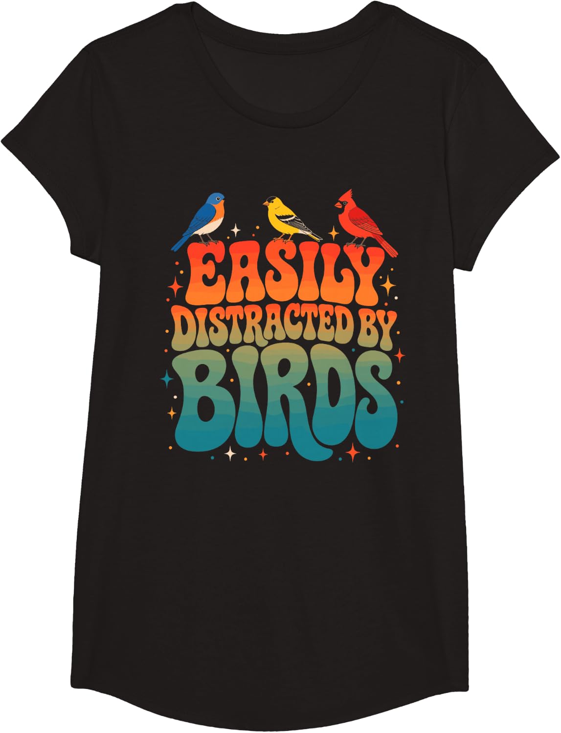 Easily Distracted By Birds Retro Birdwatching T-Shirt - Girls Black