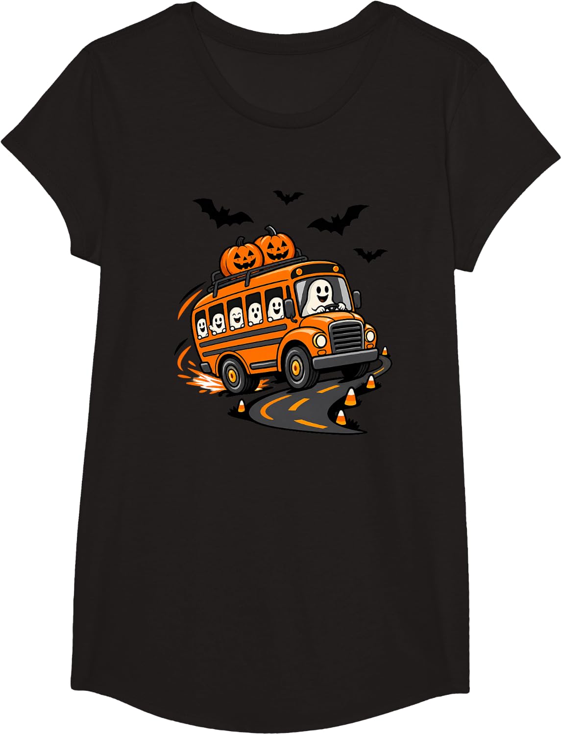 Ghost School Bus Driver Halloween School Bus T-Shirt - Girls Black