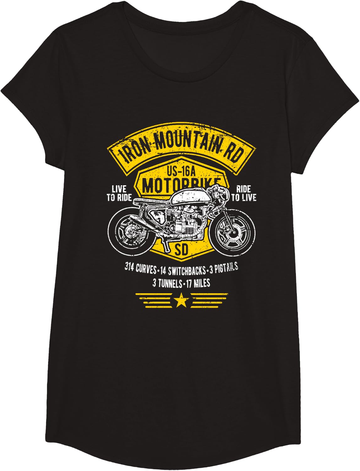 Iron Mountain Road US-16A South Dakota Motorcycle Design T-Shirt - Girls Black