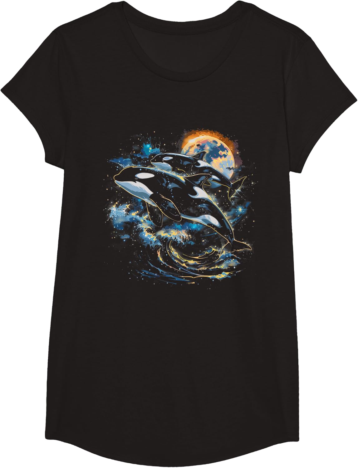 Orca in Space, Planets, Stars, Wall Lovers T-Shirt - Girls Black