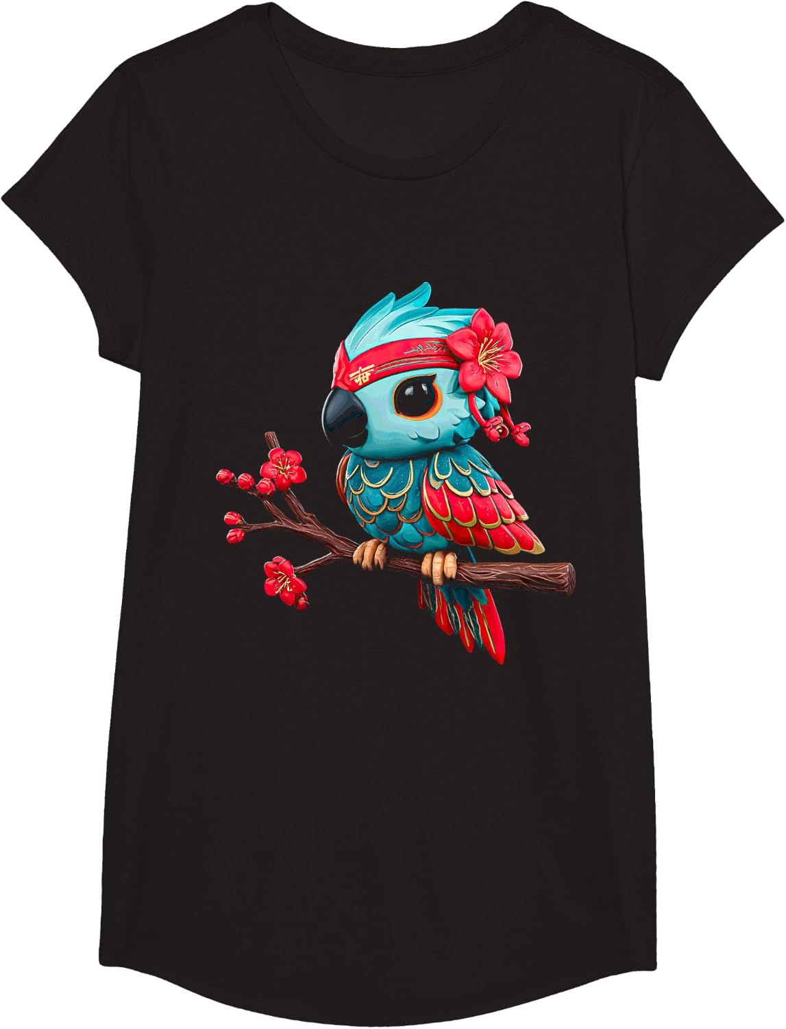 Parrot Lover Japanese Art Flower Design Animal T-Shirt - Girls Black