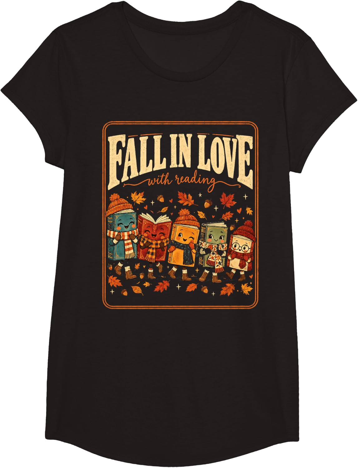 Cute Fall in Love with Reading Autumn Teacher T-Shirt - Girls Black