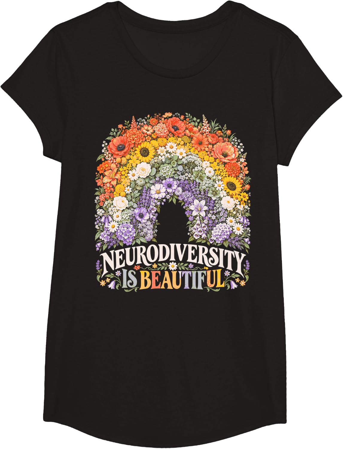School Psychology Neurodiversity is Beautiful Floral Design T-Shirt - Girls Black