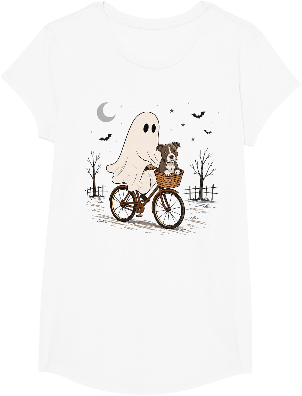 American Staffordshire Terrier Ghost Bicycle Halloween Night T-Shirt - Girls White
