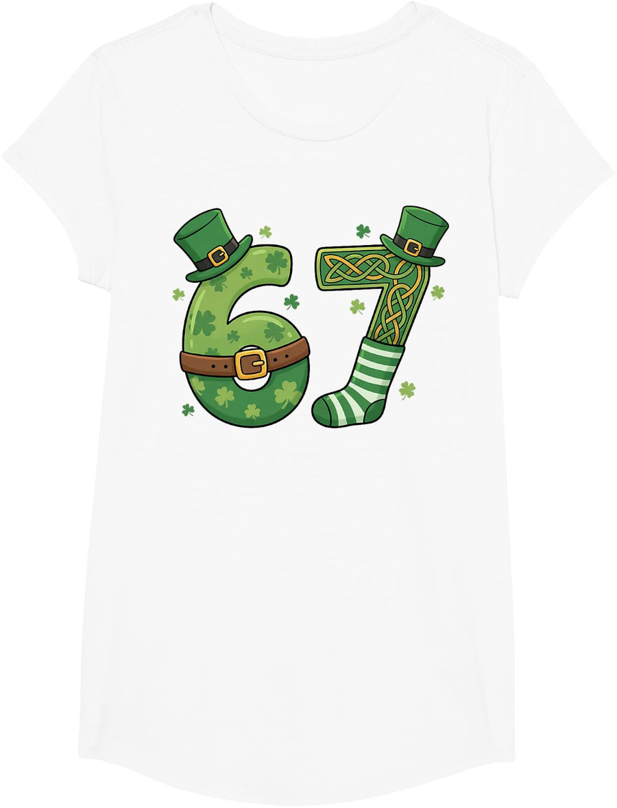 67 Leprechaun Hat 6 7 Viral Meme Funny St Patrick’s Day T-Shirt - Girls White