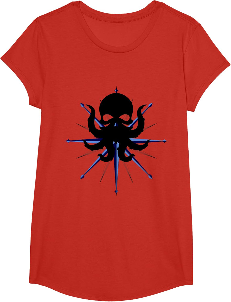 Octopus Kraken Vintage Nautical Compass T-Shirt - Girls Red