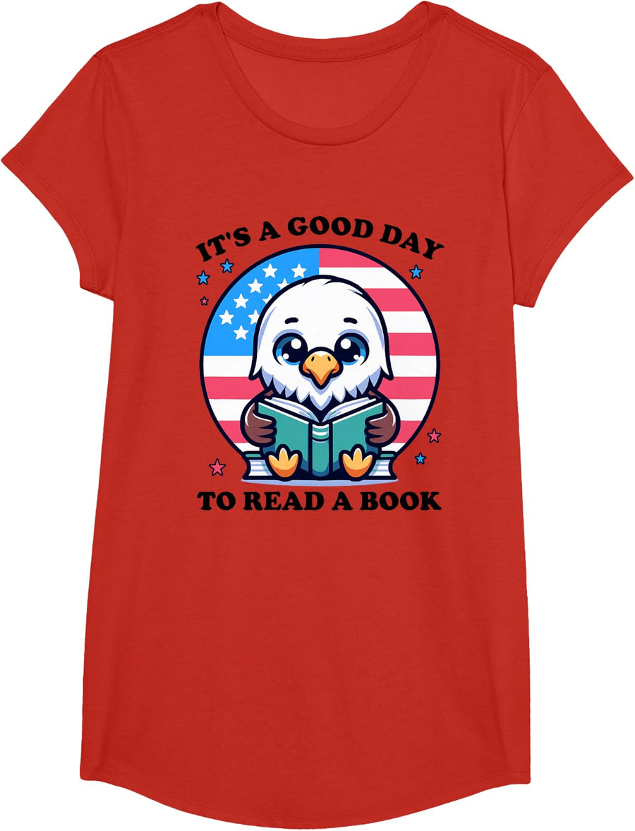 A good day to read a book reading eagle with American flag T-Shirt - Girls Red
