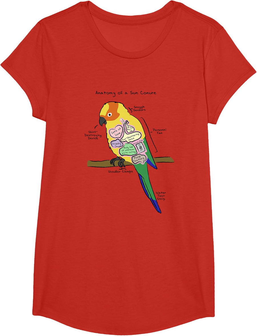 Sun Conure Funny Parrot T-Shirt - Anatomy of a Sun Conure T-Shirt - Girls Red