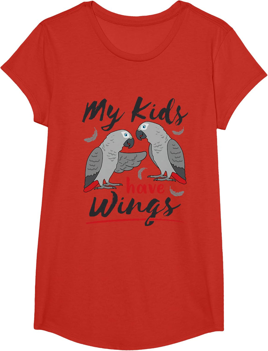 African Grey Parrot Mom Dad Pet Bird Cute My Kids Have Wings T-Shirt - Girls Red