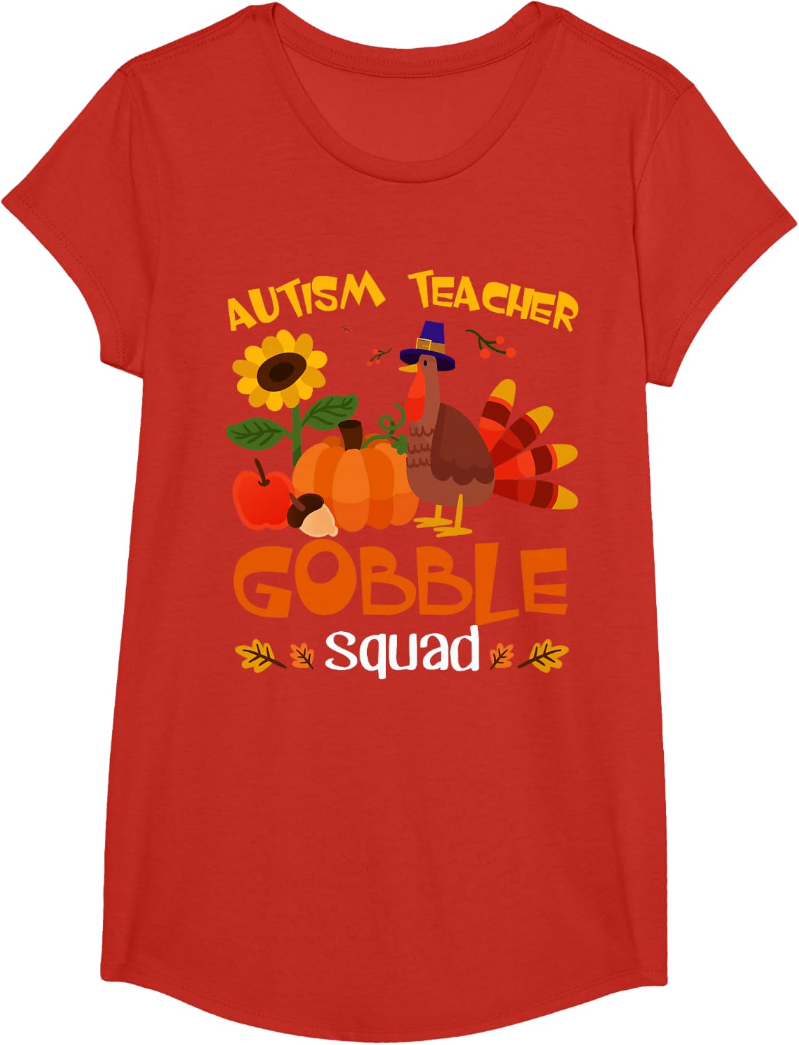 Autism Teacher Gobble Squad Turkey Thanksgiving T-Shirt - Girls Red