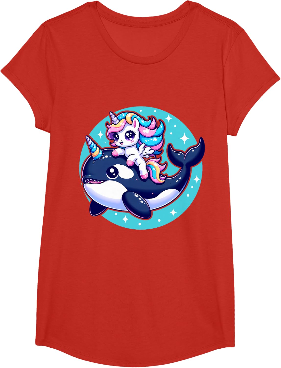 Cute Unicorn Riding Orca Killer Whale Lover Girls Kids T-Shirt - Girls Red