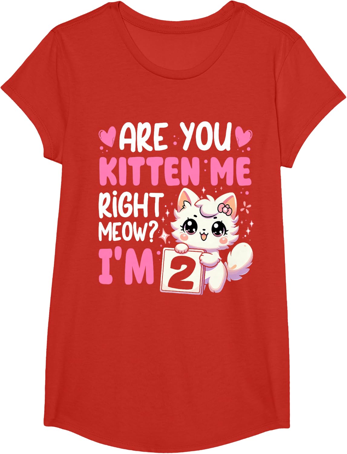 2nd Birthday Shirt Girl 2yr Two 2 Year Old Kitten Cat Bday T-Shirt - Girls Red