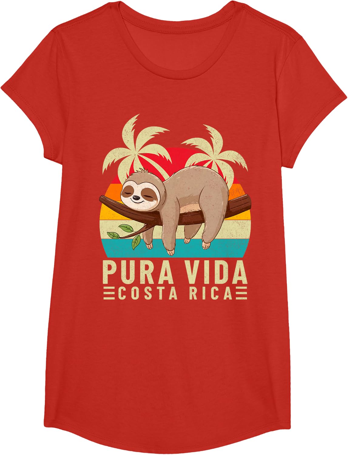 Pura Vida Beach Costa Rica Tropical Sunset Vintage Sloth T-Shirt - Girls Red