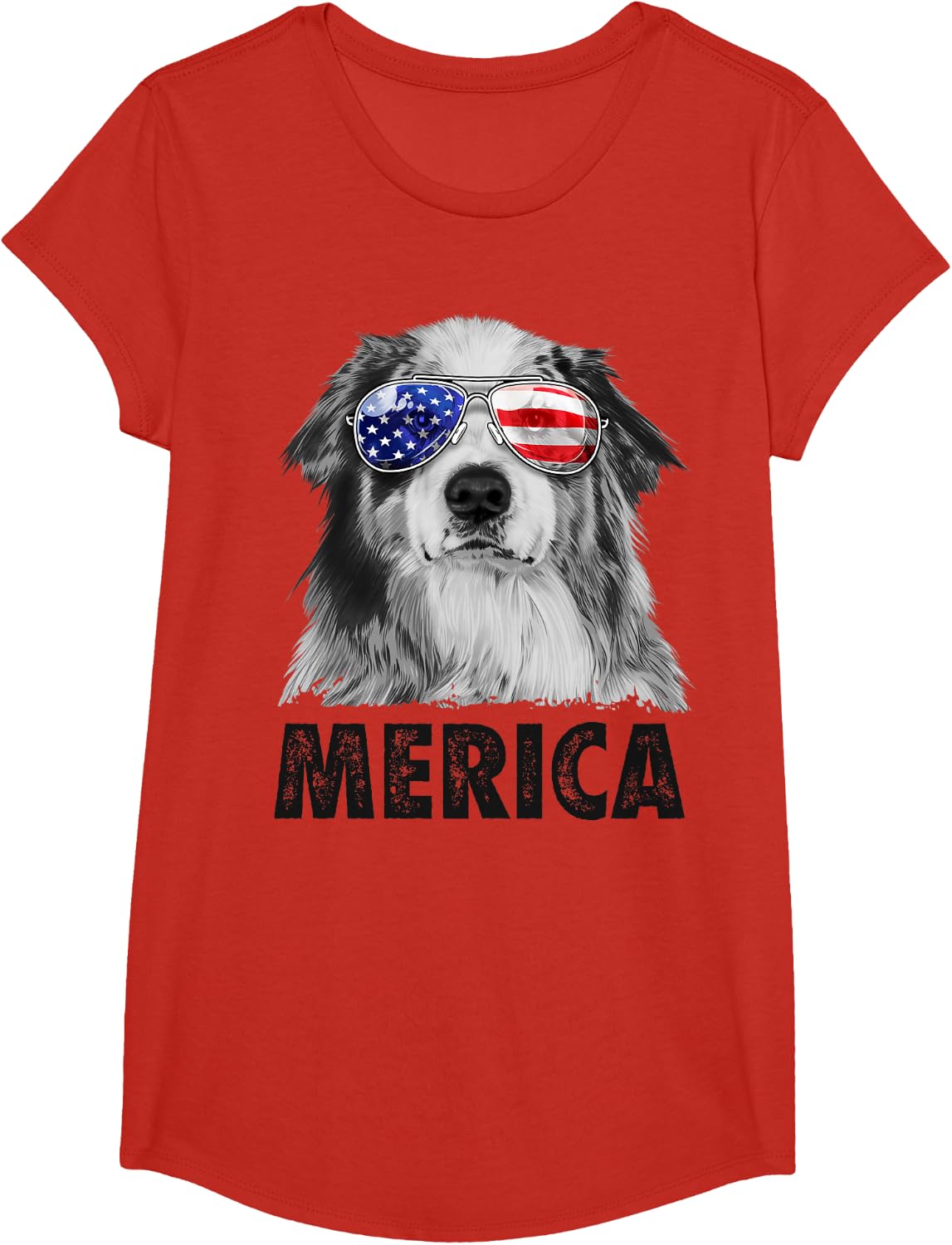 Aussie Australian Shepherd 4th of July Merica American Flag T-Shirt - Girls Red