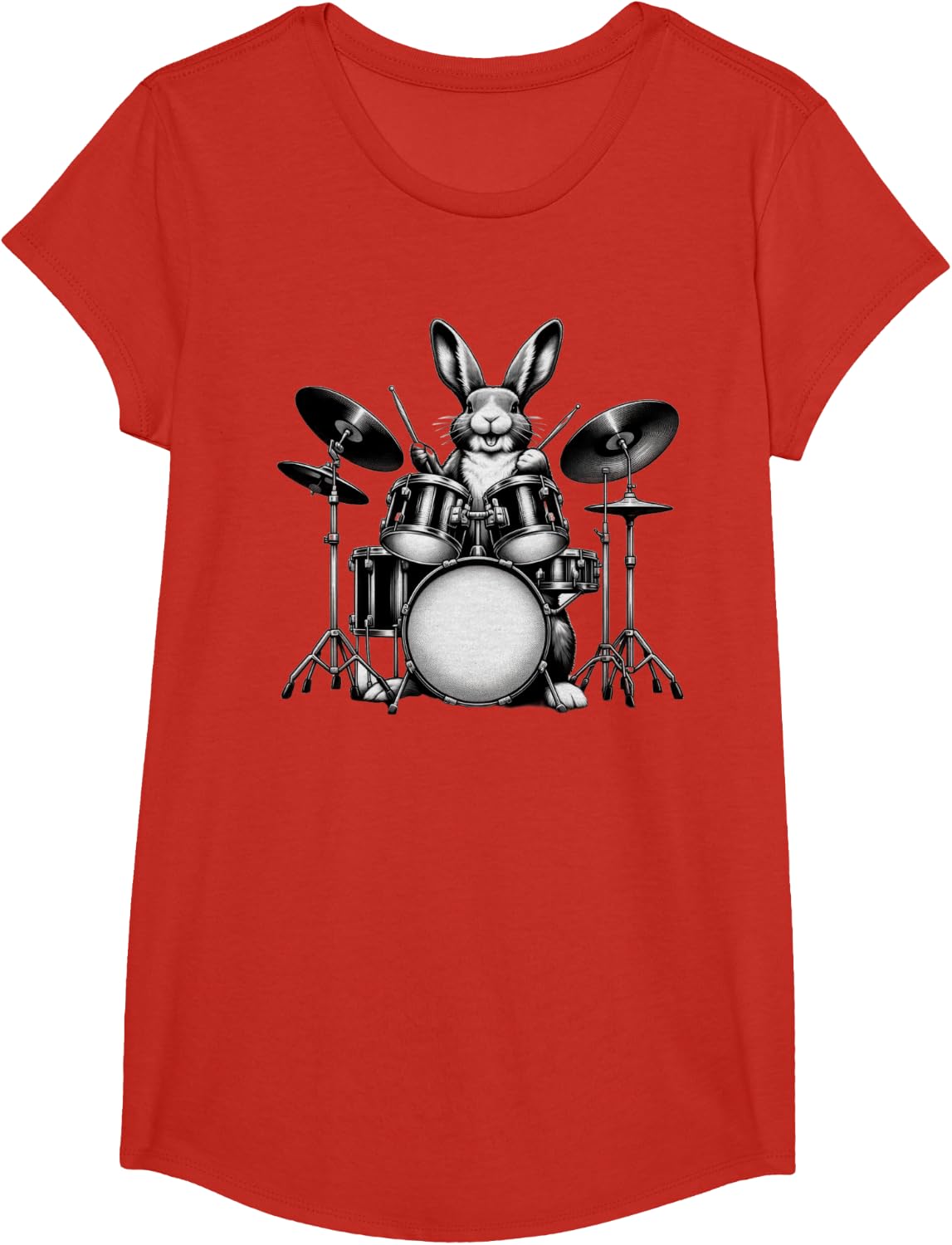 Cute Rabbit Bunny Playing Drums Rabbits Drummer Music T-Shirt - Girls Red