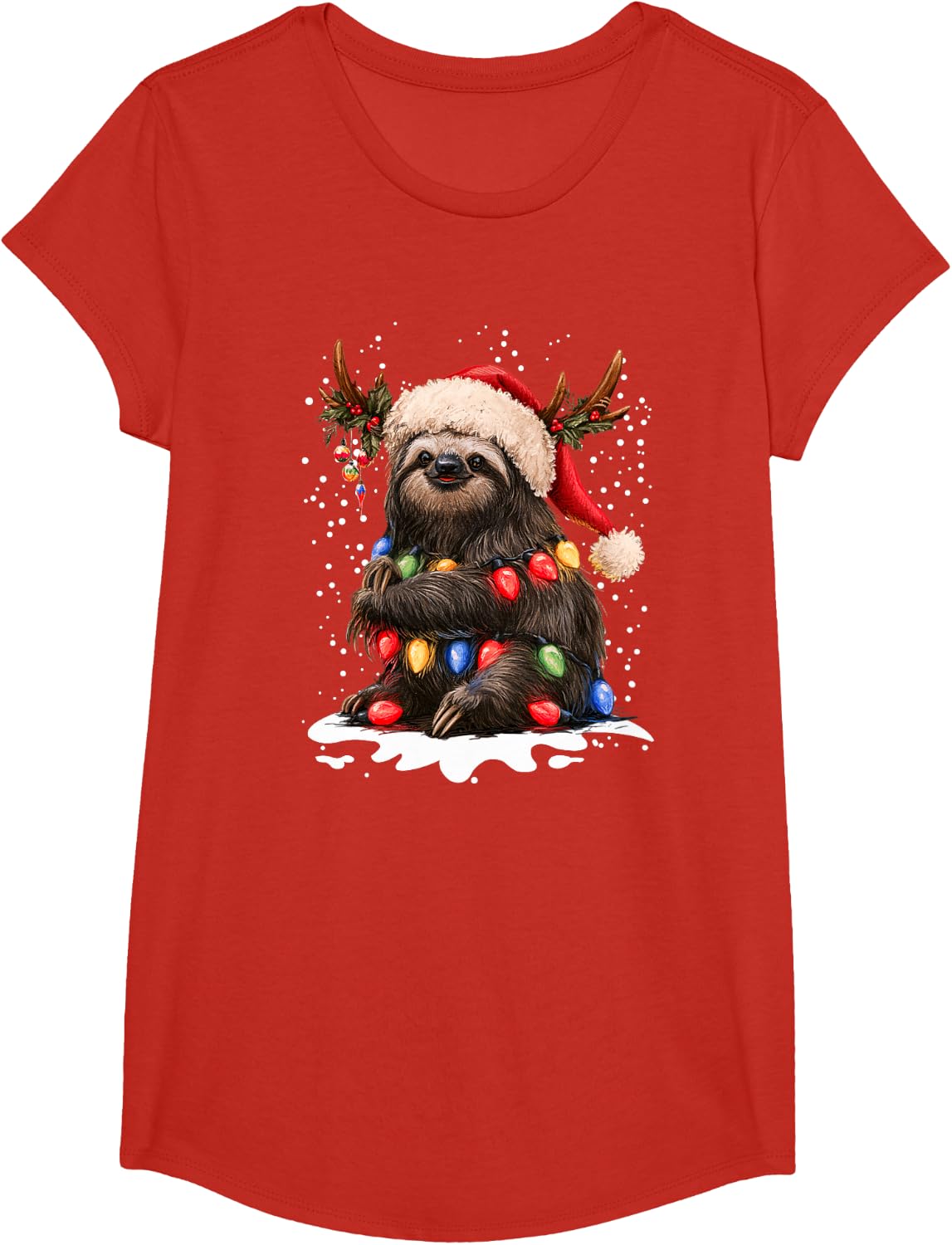 Retro Christmas Sloth Reindeer Animal Lover T-Shirt - Girls Red