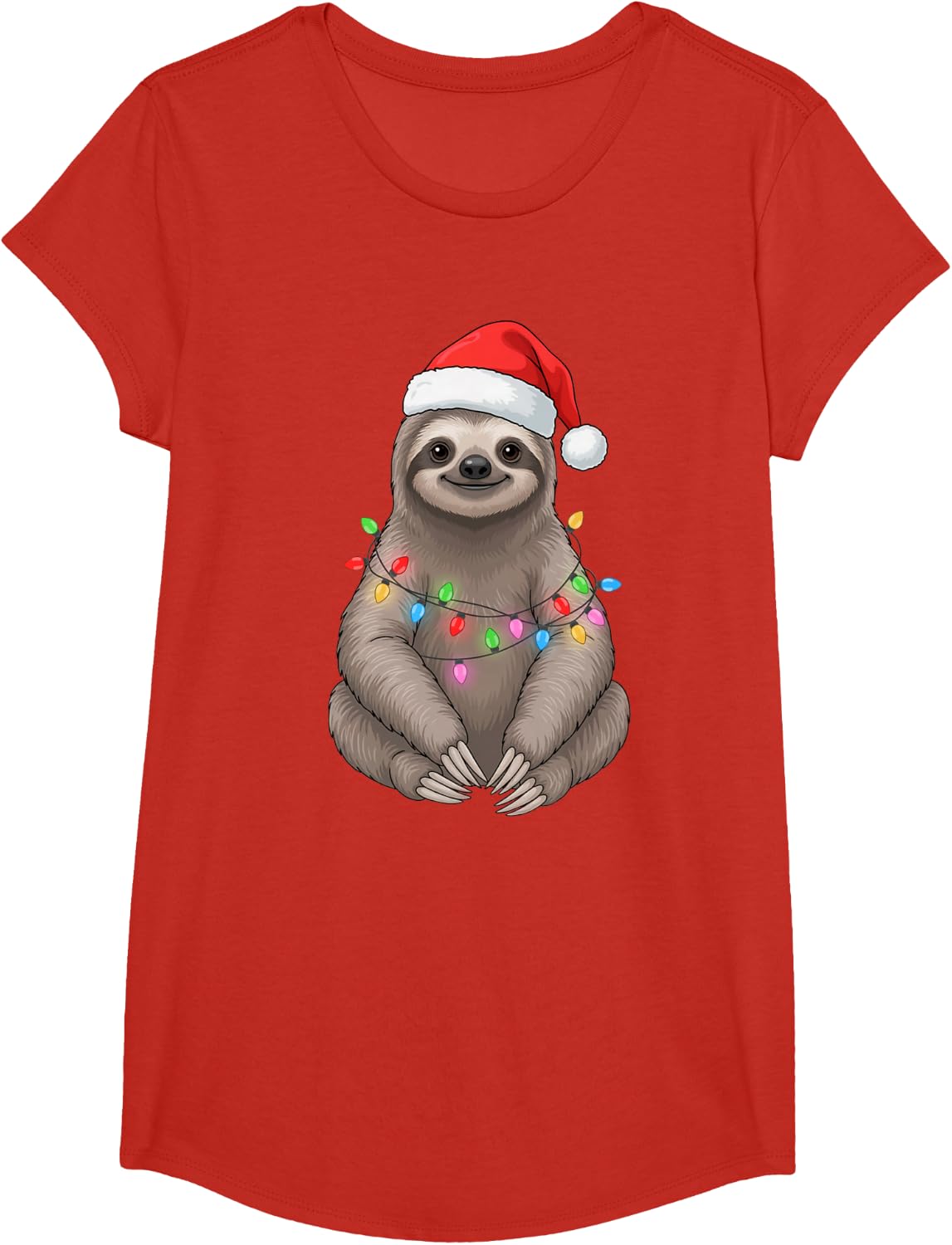 Retro Sloth Funny Santa Hat Christmas Lights Holiday Squad T-Shirt - Girls Red