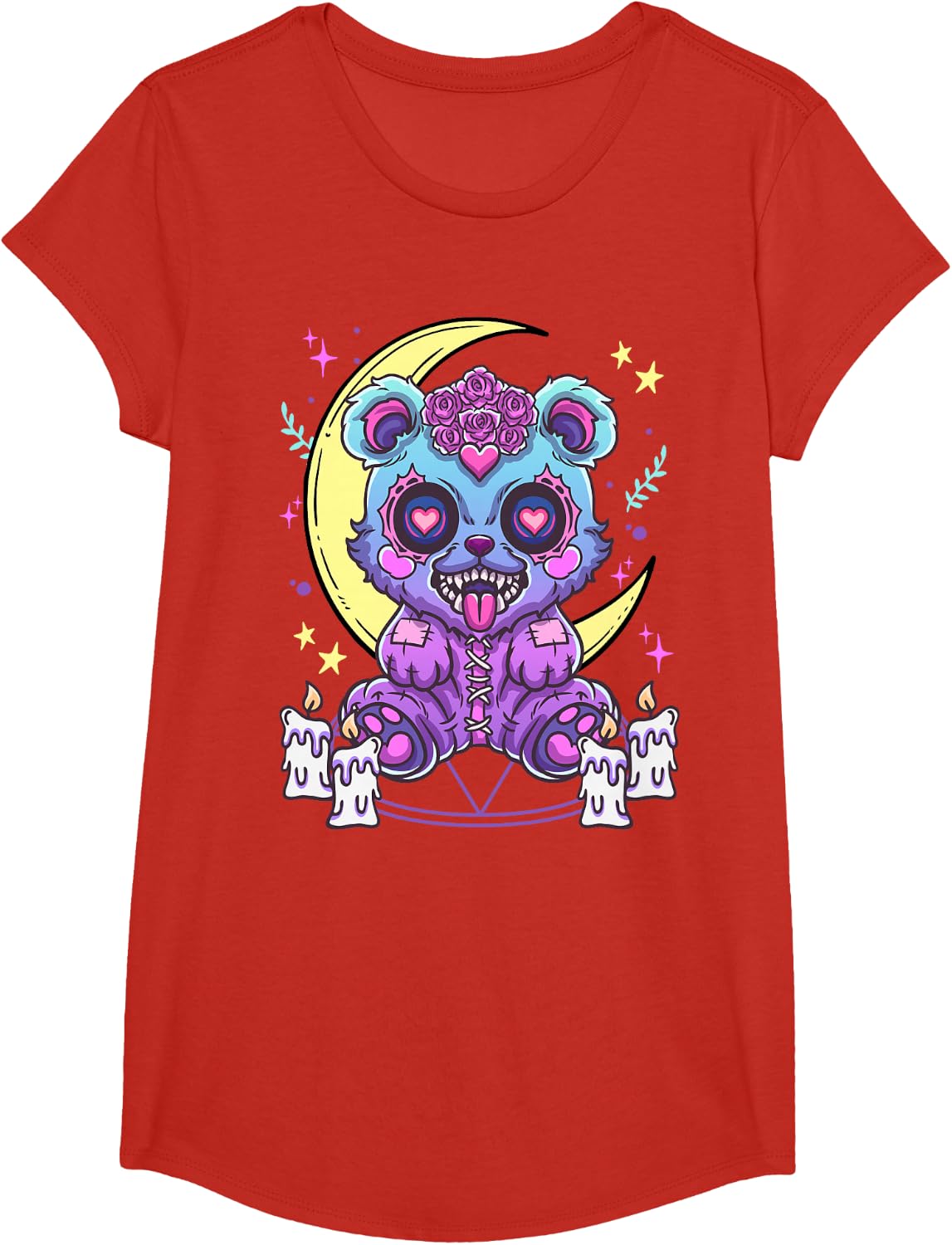 Cute Kawaii Creepy Pastel Goth Teddy Bear Cat Anime Menhera T-Shirt - Girls Red