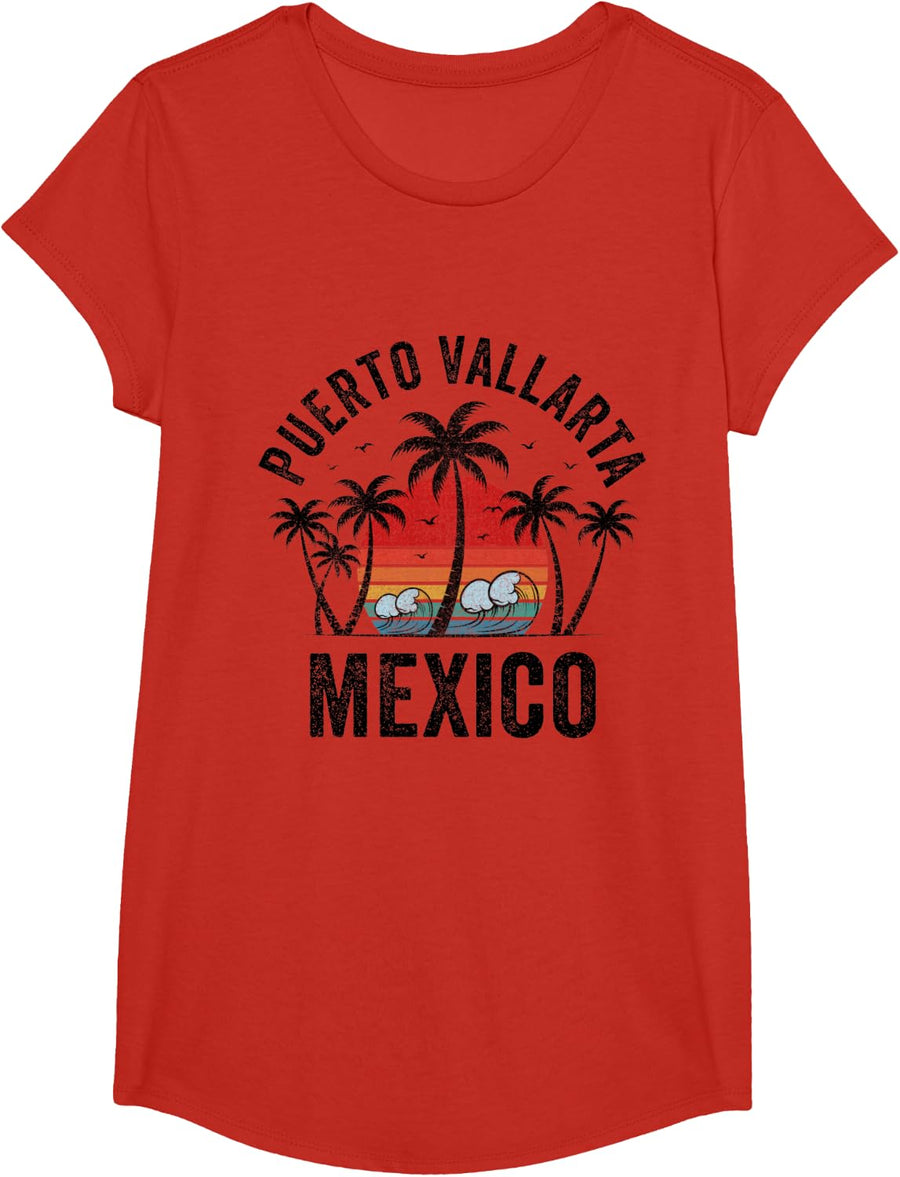 Puerto Vallarta Mexico Beach Palm Trees Sunset Surf Vintage T-Shirt for Men Women Girls Kids - Girls Red