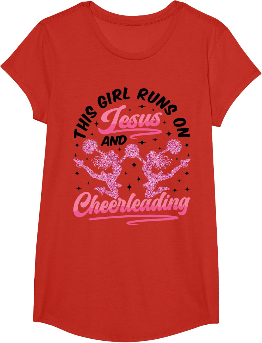 Cheer Cheerleading Jesus Faith Christian This Girl Runs On T-Shirt - Girls Red