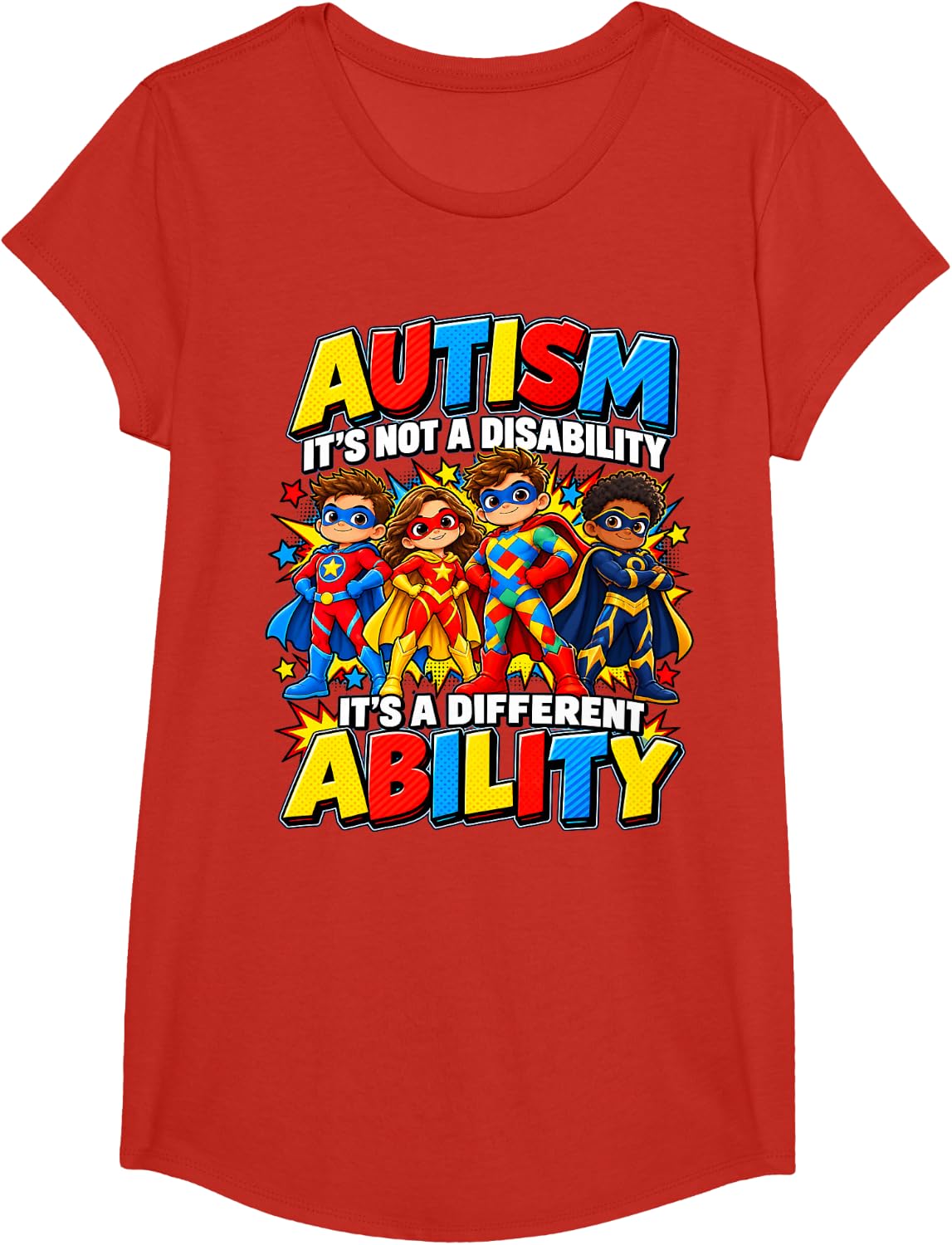 Autism Superhero Team Different Ability Acceptance T-Shirt - Girls Red