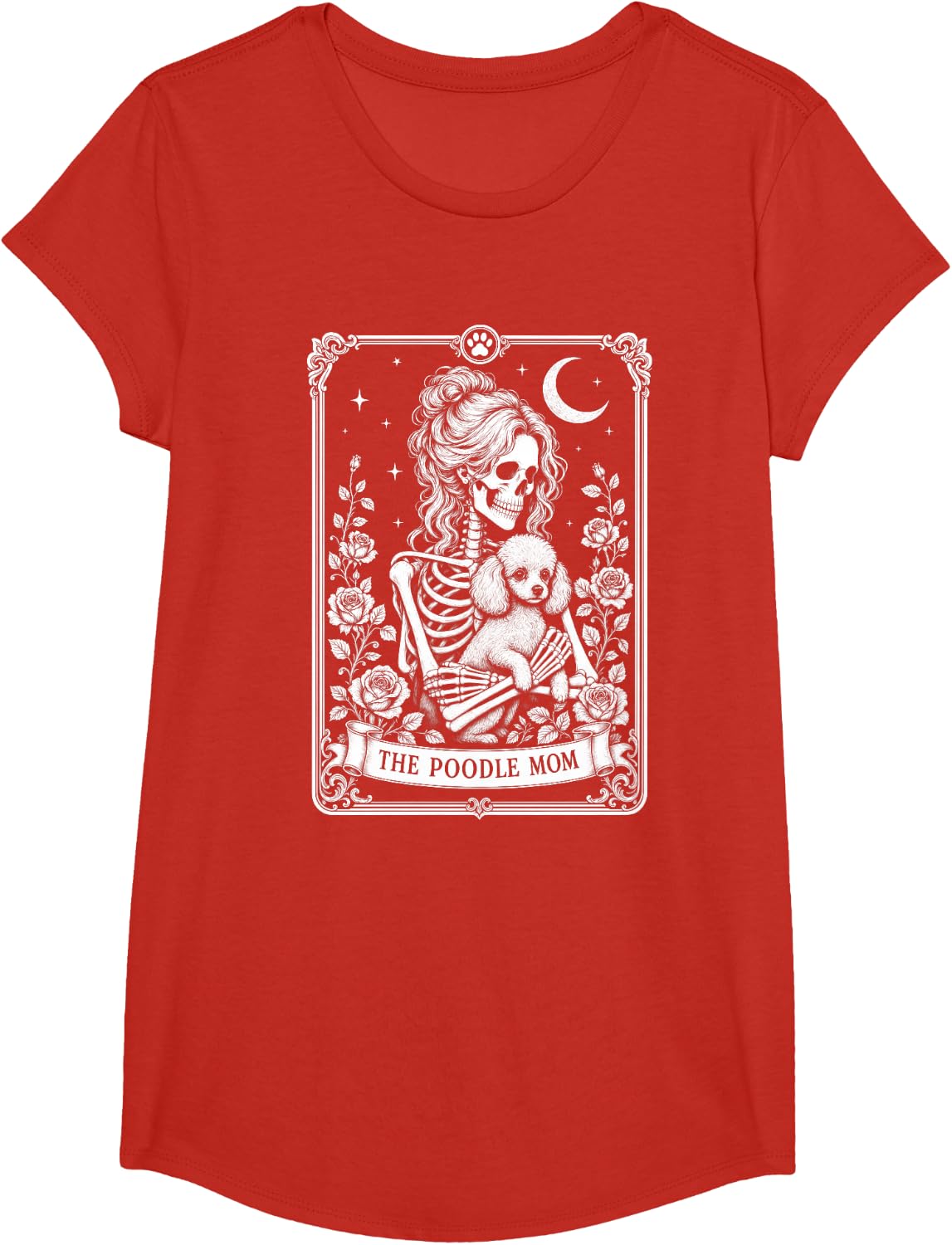 The Poodle Mom Spooky Skeleton Woman and Dog Halloween T-Shirt - Girls Red