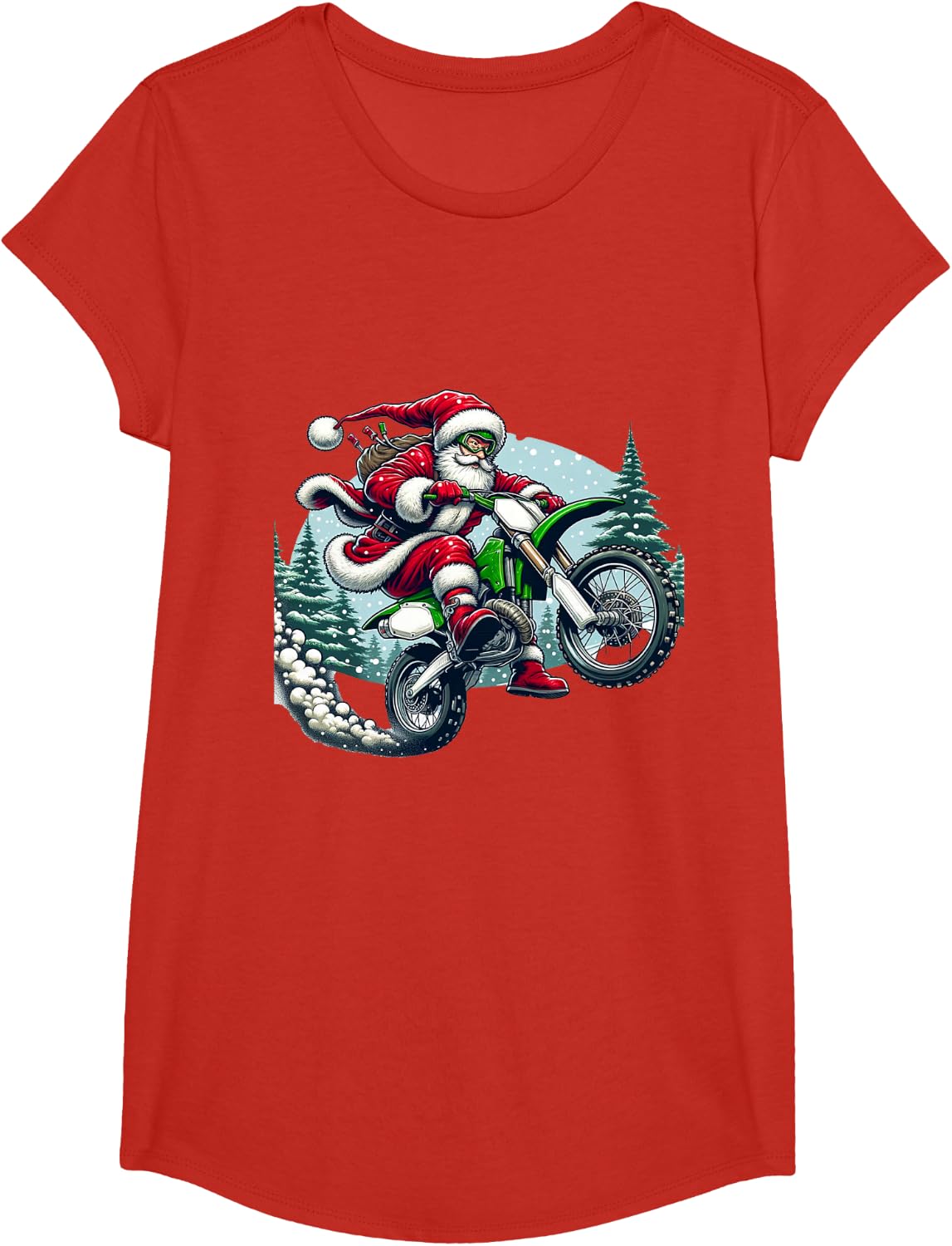 Santa Claus on Dirt Bike Wheelie Motocross MX Christmas Xmas T-Shirt - Girls Red