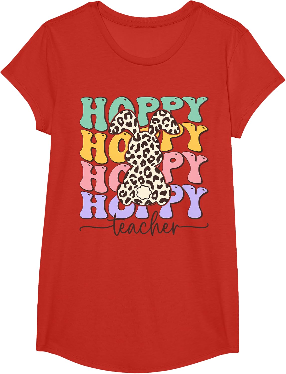 One Hoppy Teacher Groovy Leopard Happy Easter T-Shirt - Girls Red