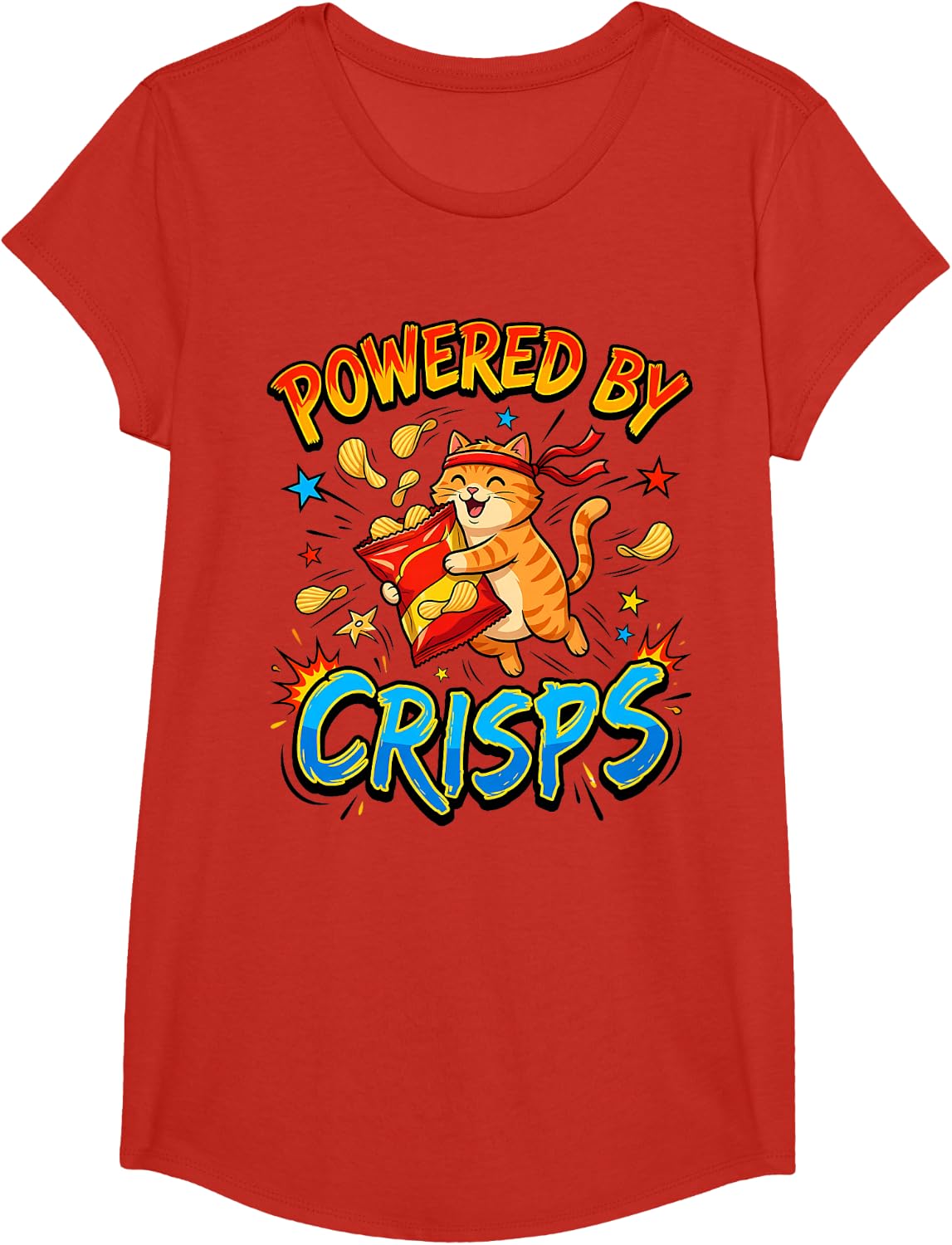 Powered By Crisps Funny Ninja Cat British Snack Lover T-Shirt - Girls Red