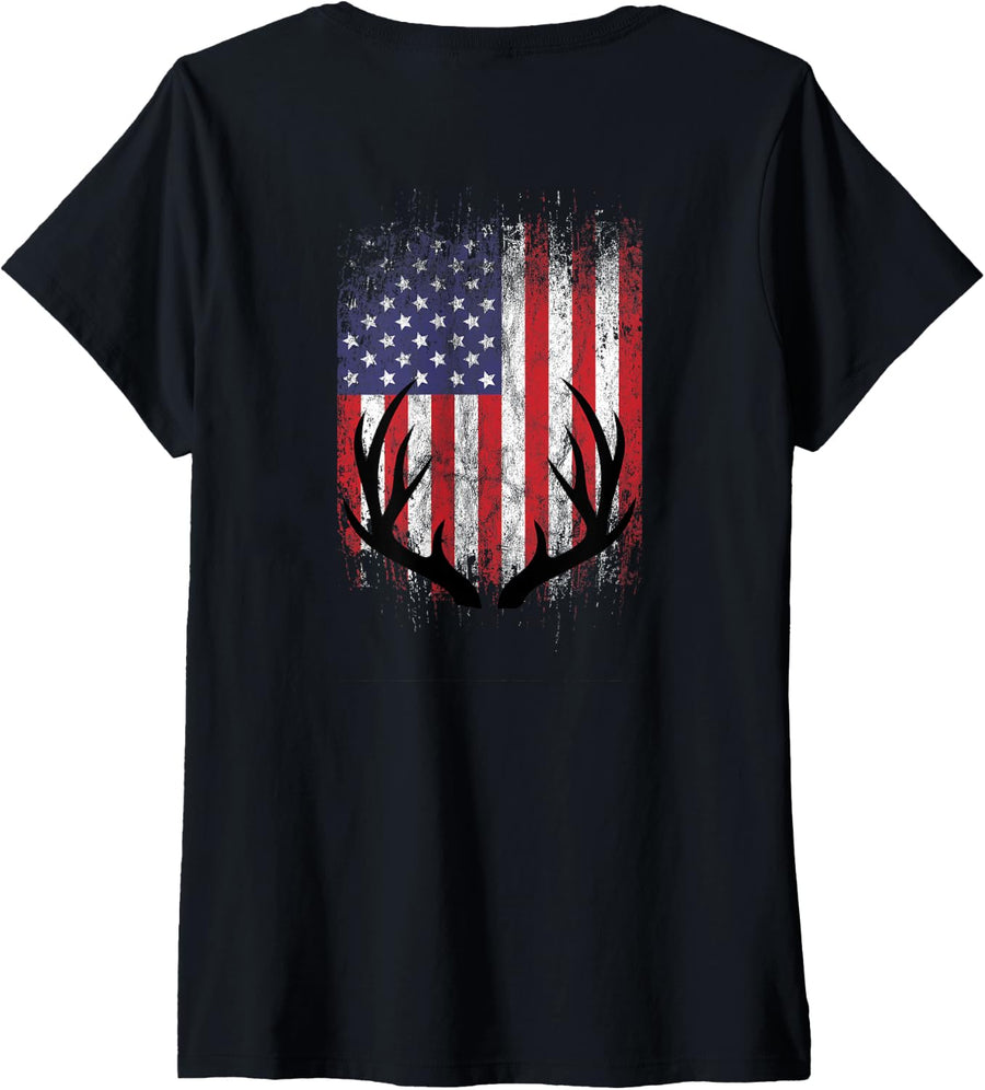 Women's Deer Hunting American Flag Whitetail Buck Antlers (on Back) V-Neck T-Shirt - Black