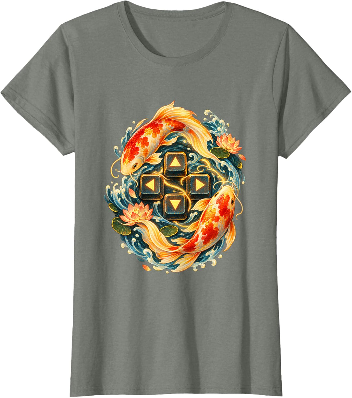 Koi Fish and Lotus Around Game Buttons T-Shirt - Olive Heather